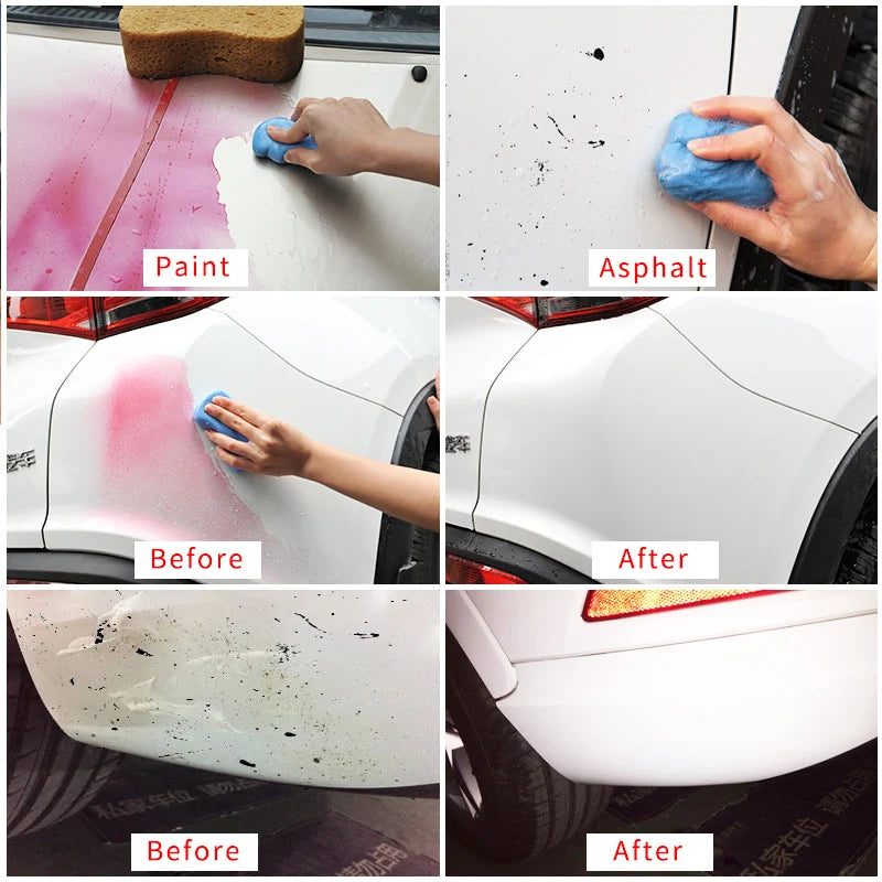 Before and after images showing the removal of paint and asphalt stains from a car surface using a magic clay bar for auto de