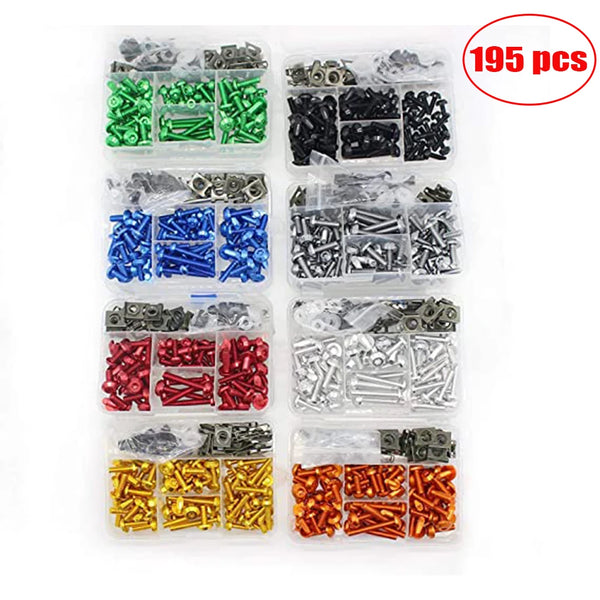 A collection of 195 motorcycle fairing bolts and hardware in various colors including green, black, blue, silver, red, and go