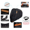 Black heavy-duty motorcycle protective cover featuring waterproof strips, reflective bars, and elastic bands for enhanced fit