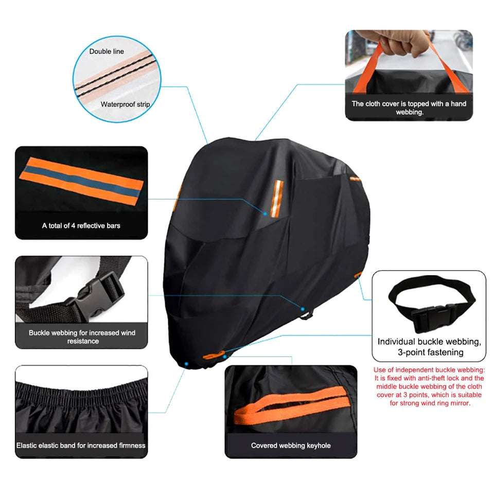 Black heavy-duty motorcycle protective cover featuring waterproof strips, reflective bars, and elastic bands for enhanced fit