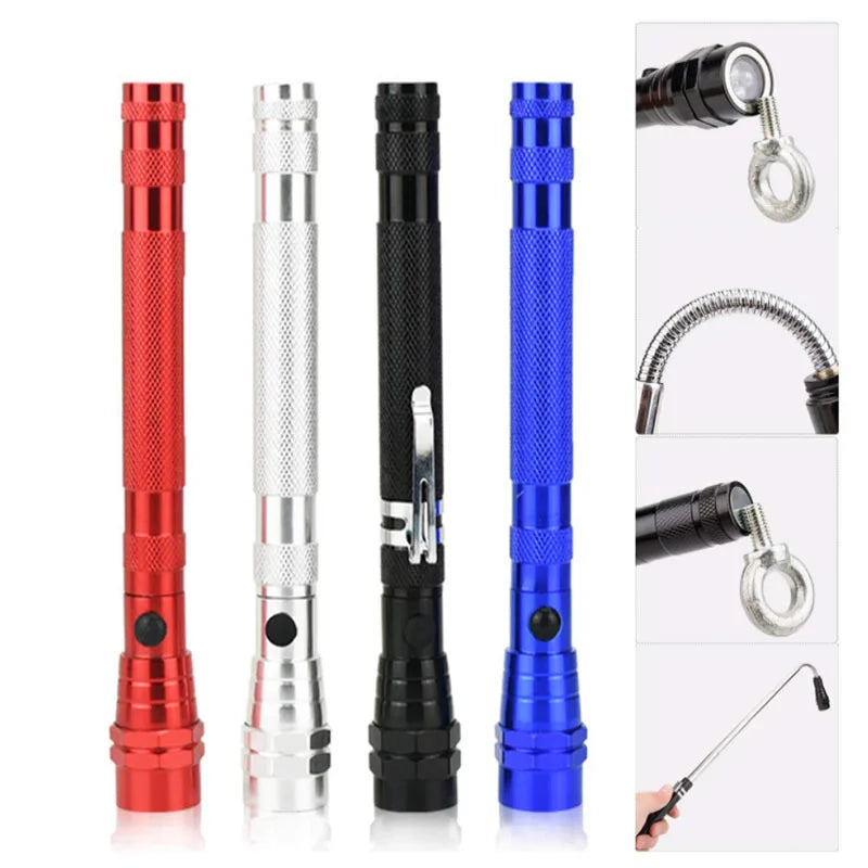 A set of three 360° flexible magnetic LED flashlights in red, silver, and blue.