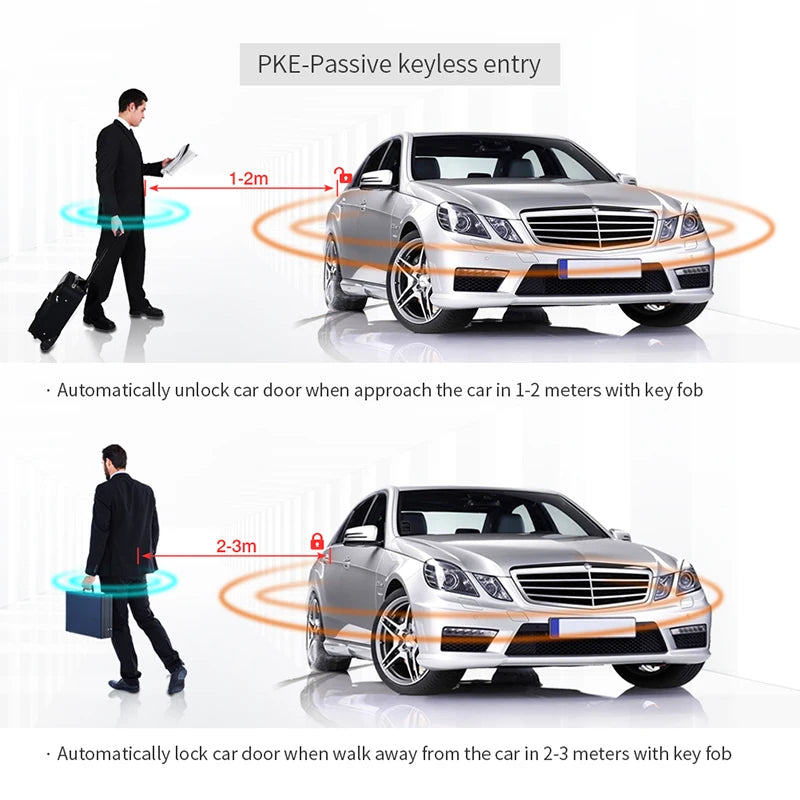 Diagram showing a car with passive keyless entry and alarm system, illustrating automatic unlocking and locking functions.