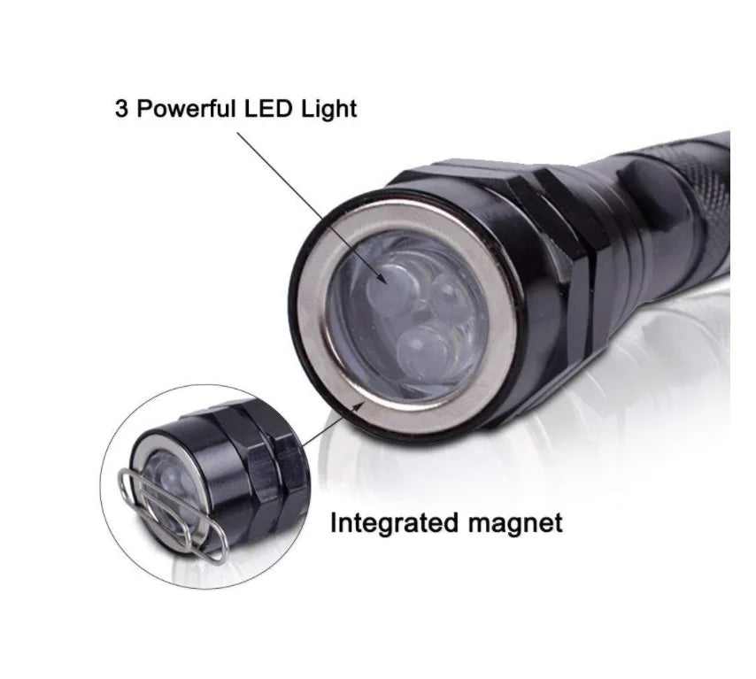 A black magnetic LED flashlight with a clear lens and integrated magnet.