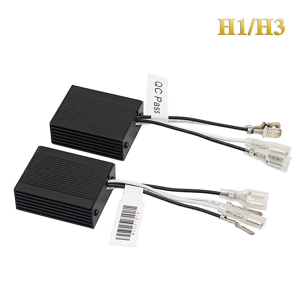محولات مصابيح LED سوداء تحمل علامات H1/H3 مع أسلاك وموصلات بلاستيكية