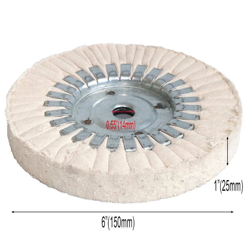 A circular precision cotton airway buffing wheel with serrated edges and dimensions labeled.