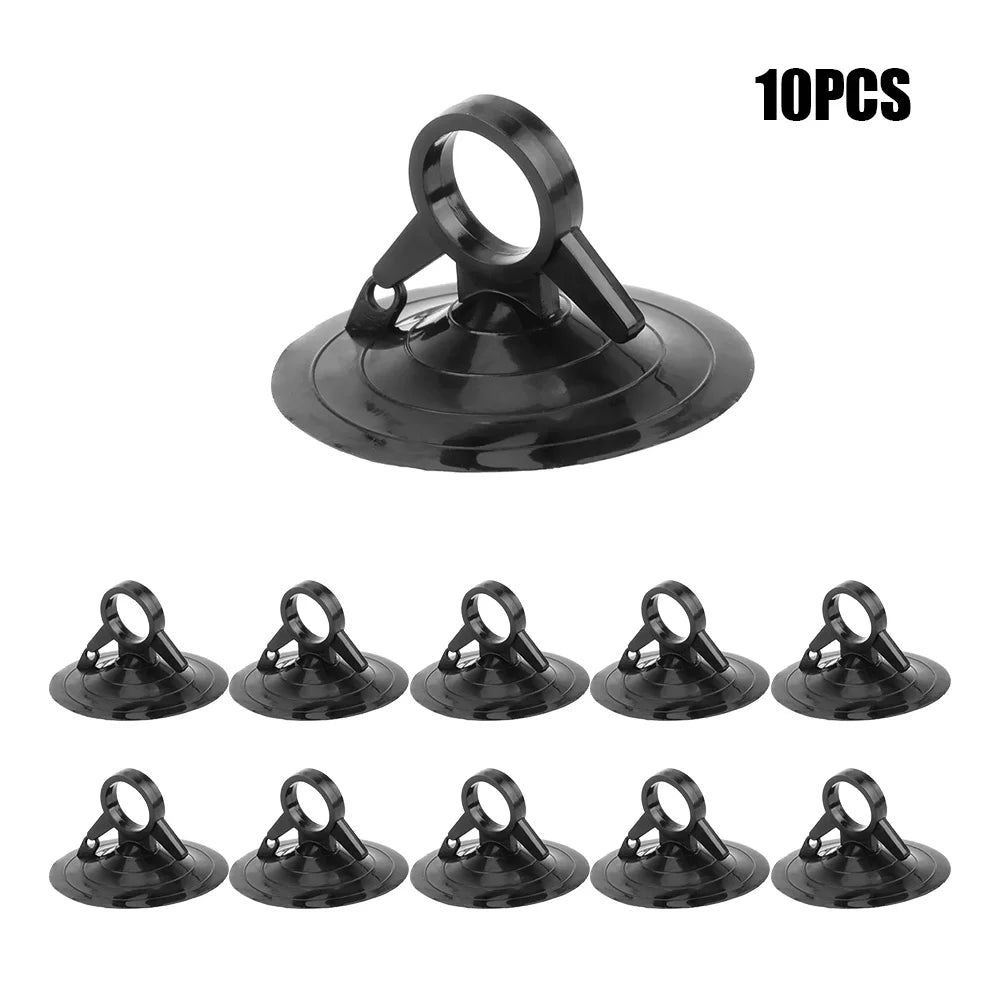 A set of ten heavy-duty suction cups for gripping smooth surfaces.