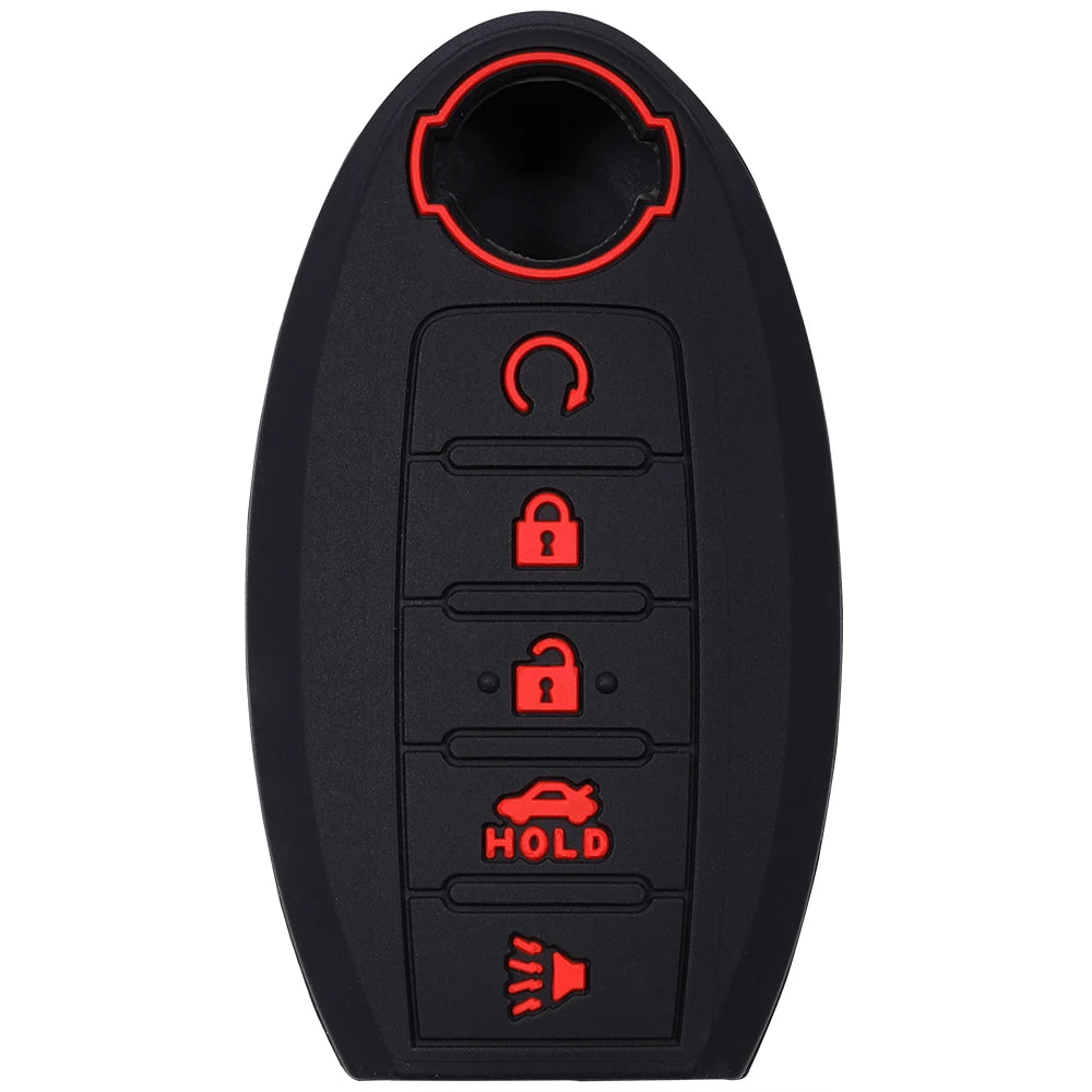 Black silicone cover for a universal car key fob featuring a cutout and several button icons.
