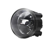 A black halogen fog light assembly with a clear lens and reflector.