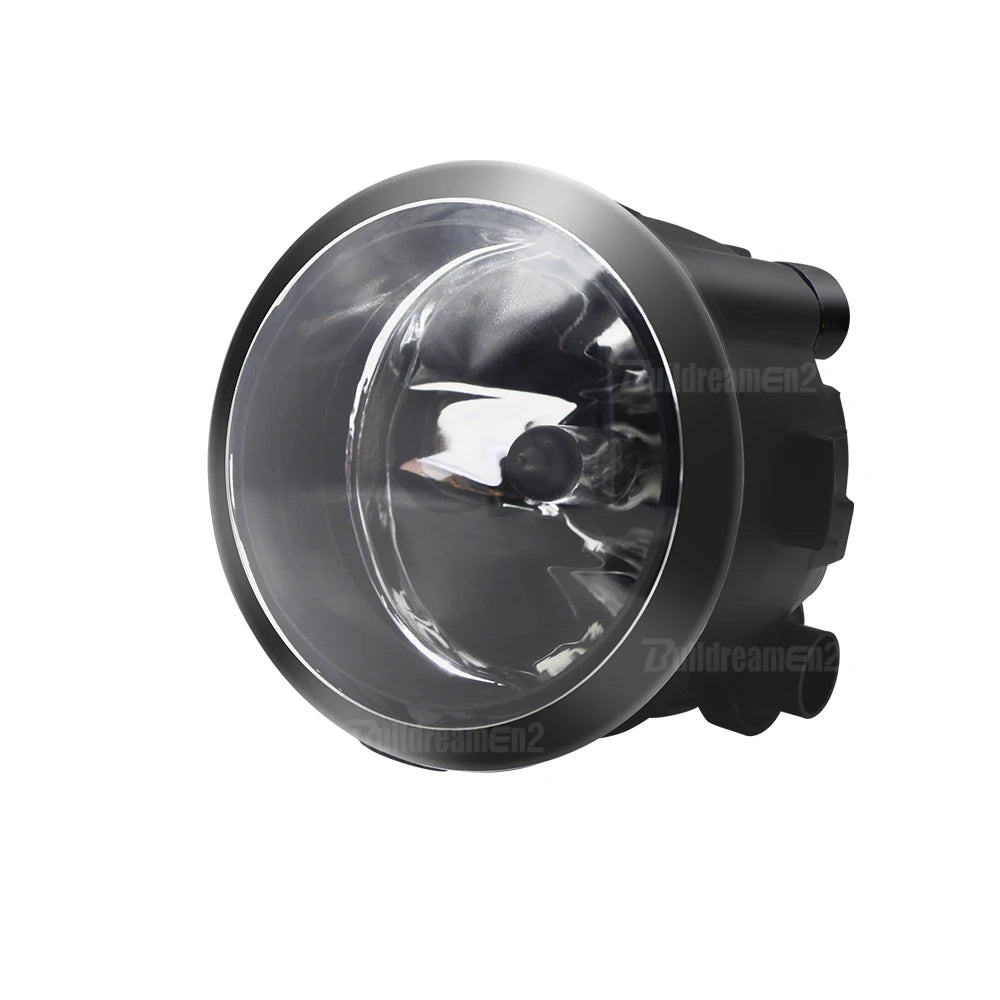 A black halogen fog light assembly with a clear lens and reflector.