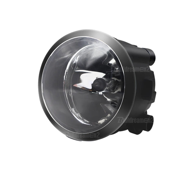 A black halogen fog light assembly with a clear lens and reflector.