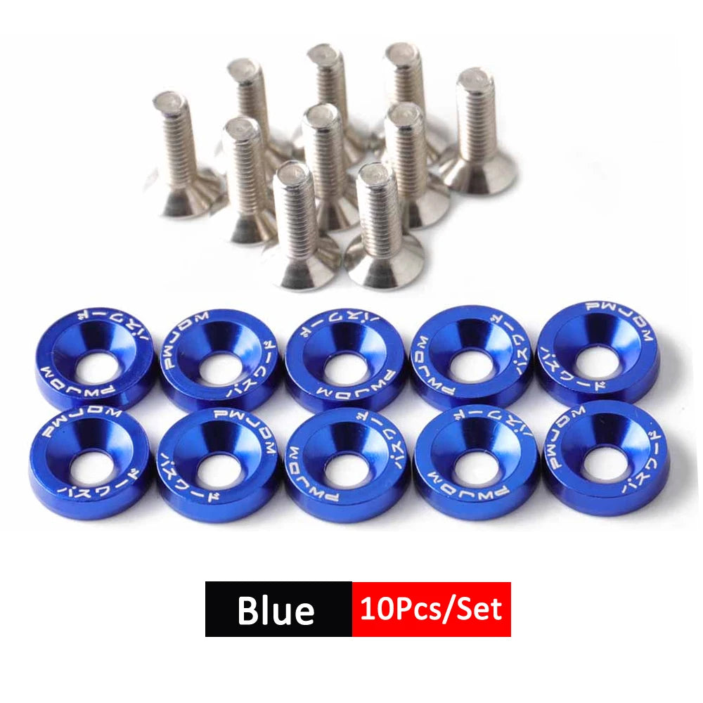 A set of blue anodized aluminum fender and bumper hardware screws and bolts.