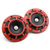 A pair of dual tone electric air horn kits, featuring red and black components.