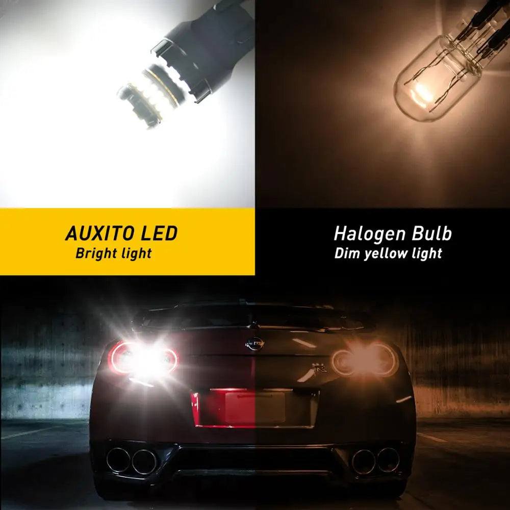 A close-up of an Auxito LED light bulb and a car's rear lights illuminating the road.