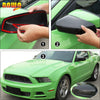 Installation steps showing the application of a black ABS protection shell for a Ford Mustang rearview mirror.