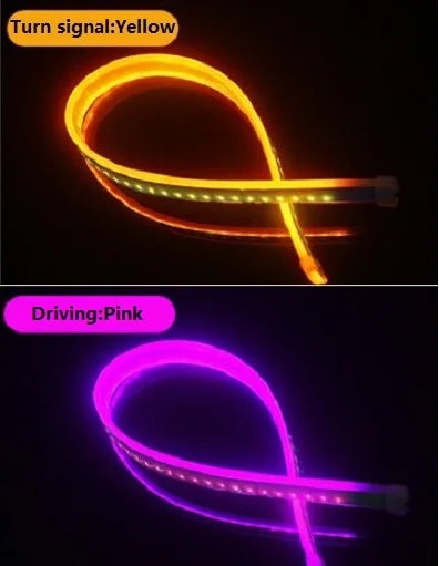 شريط إضاءة LED نهاري مرن يضيء بالأصفر والوردي بشكل منحني على خلفية داكنة.