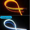 شريط LED مرن للإضاءة النهارية (DRL) باللونين الأصفر والأزرق الجليدي، يوضح أوضاع الإشارة والمحرك.