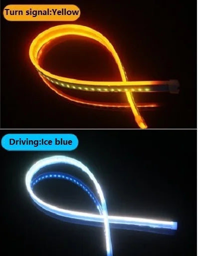 شريط LED مرن للإضاءة النهارية (DRL) باللونين الأصفر والأزرق الجليدي، يوضح أوضاع الإشارة والمحرك.