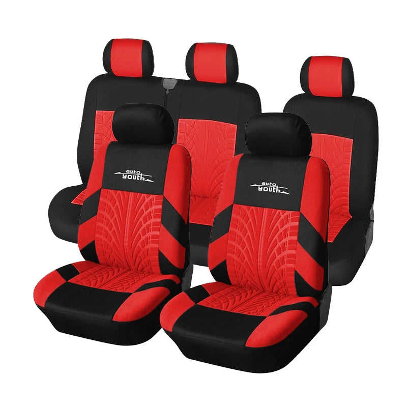 A set of black and red universal car seat covers for double front and 2+1 seating.