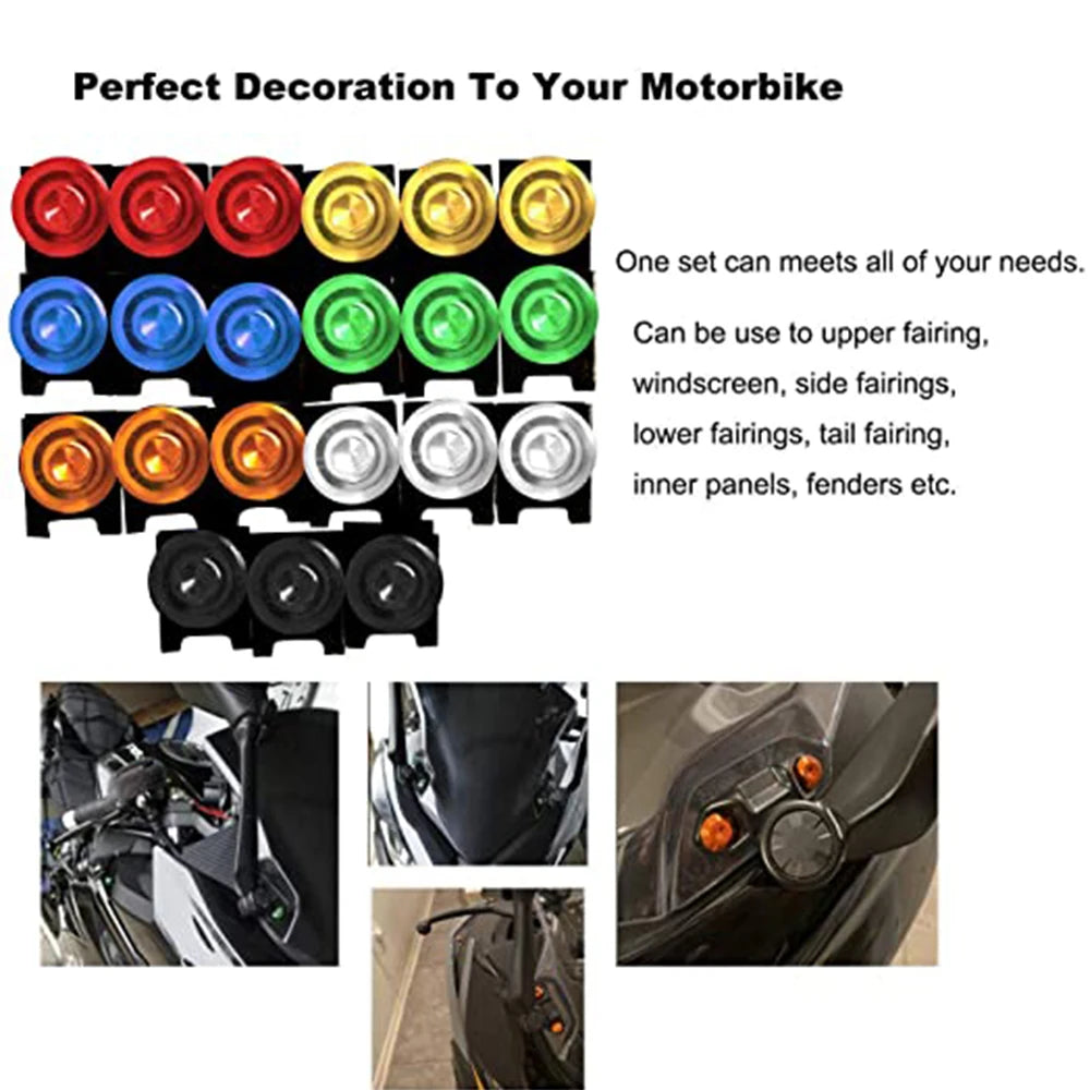 A set of various colored motorcycle fairing bolts and lights for decoration and repair.