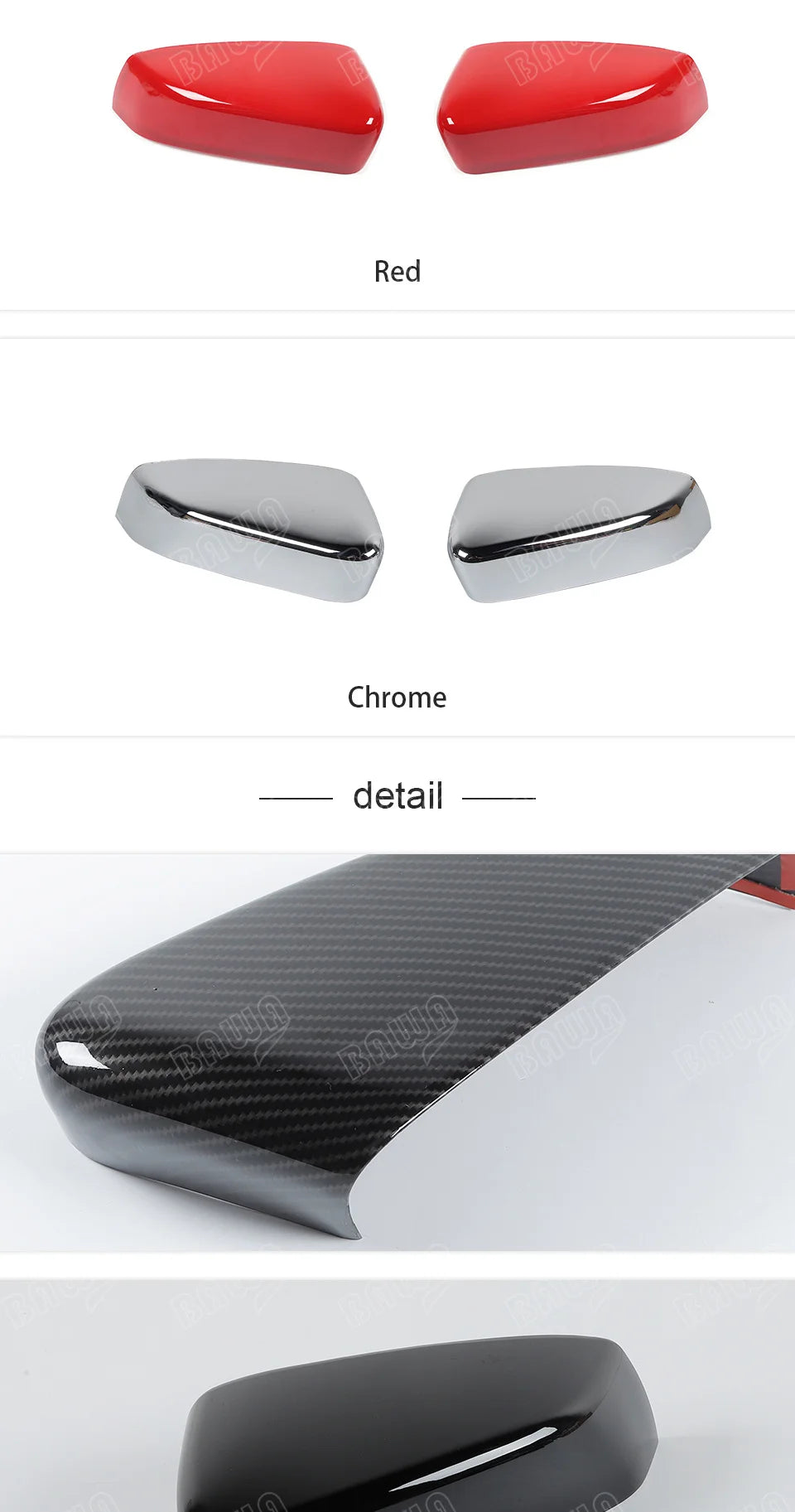 Set of red and chrome ABS protection shells for Ford Mustang rearview mirrors.