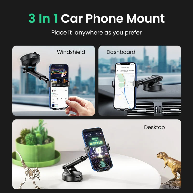 Support de téléphone voiture 3-en-1 avec options de montage pour pare-brise, tableau de bord et bureau.