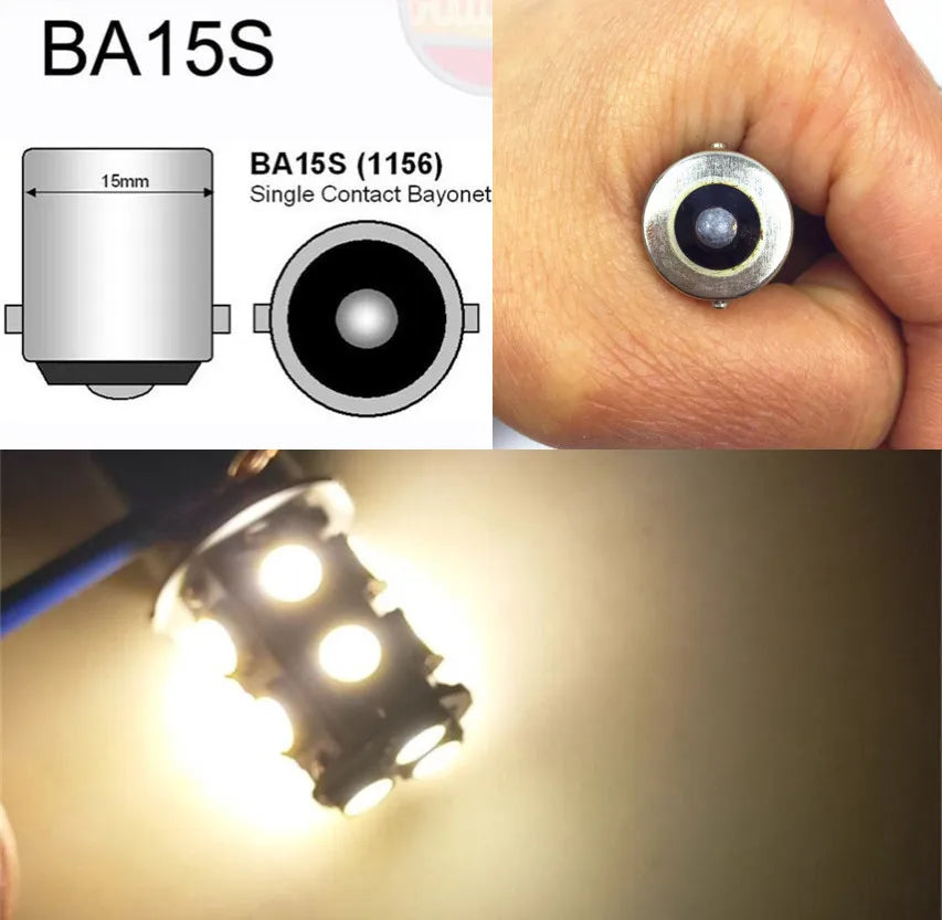 Diagramas y un primer plano de la bombilla de bayoneta de una sola bahía BA15S.