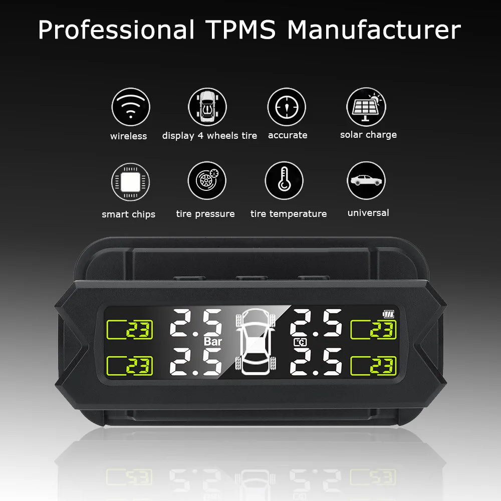 A black portable solar TPMS device displaying tire pressure and temperature readings.