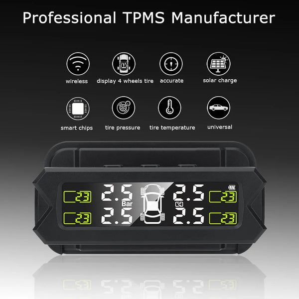 A black portable solar TPMS device displaying tire pressure and temperature readings.