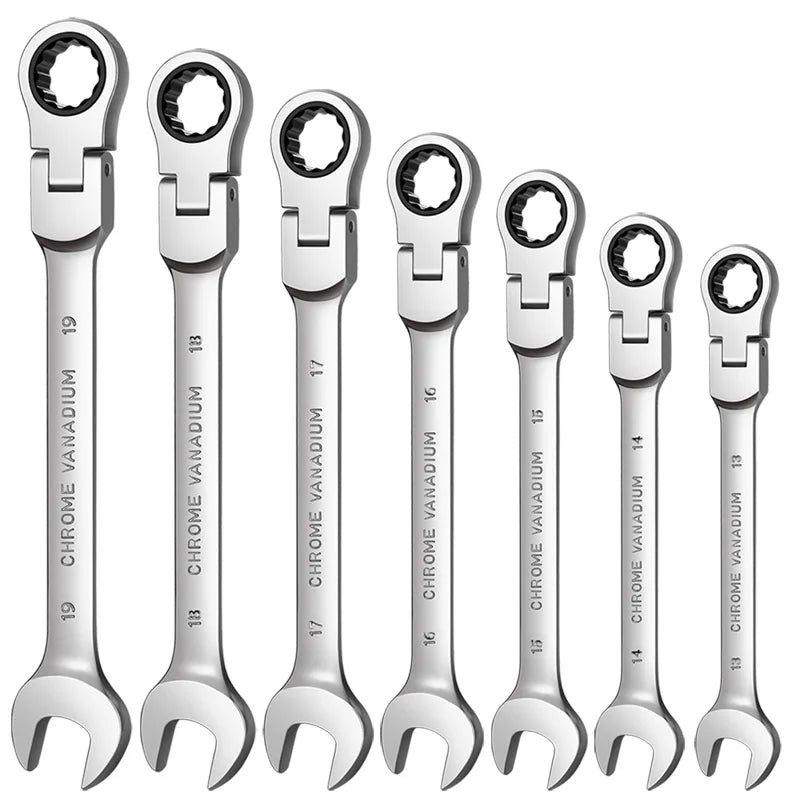 A set of chrome vanadium flexible pivoting head ratchet wrenches numbered 13 through 19.