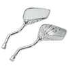 A pair of chrome universal skull hand motorcycle side mirrors.