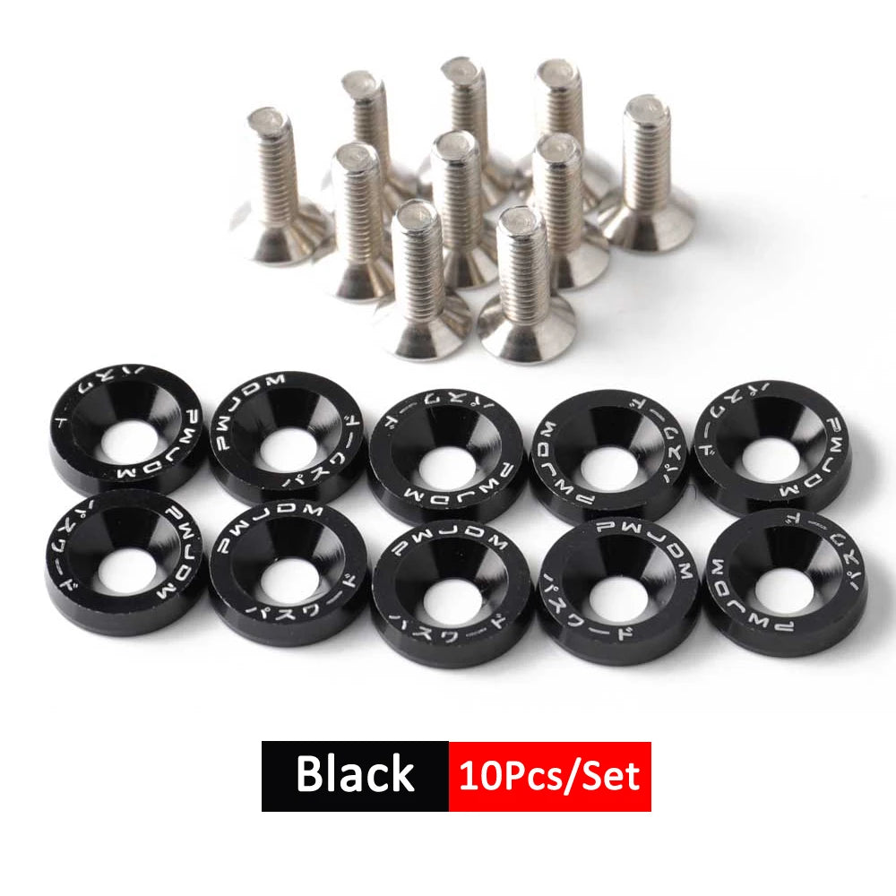 A set of black anodized aluminum fender and bumper hardware, including various screws and mounting components.