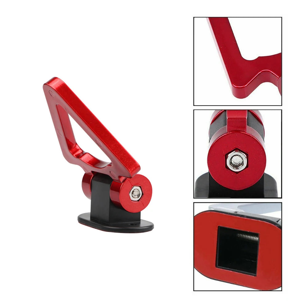 Red and black racing style car tow hooks shown in various angles.