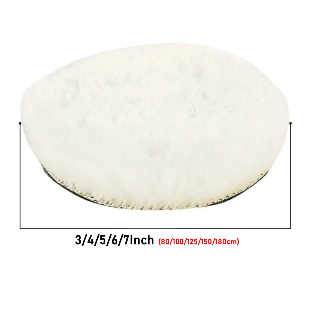 White wool buffing pad kit with various sizes including 3/4, 5/6, and 7 inch options.