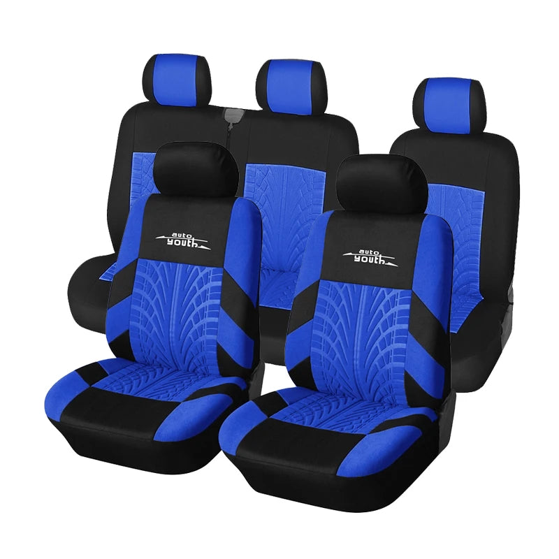 Black and blue universal car seat covers for double front and 2+1 seating with headrests
