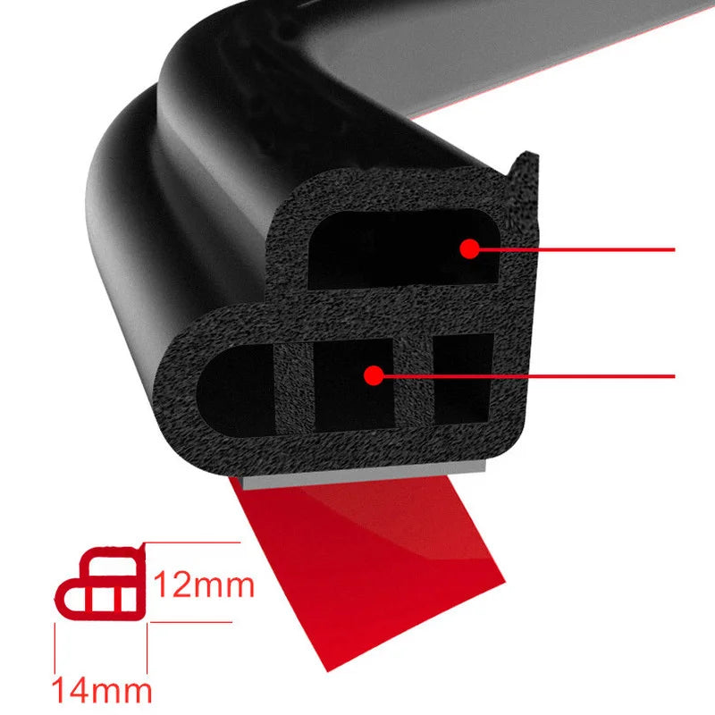 Close-up view of a black rubber seal strip with dimensions marked, showing its profile and thickness.