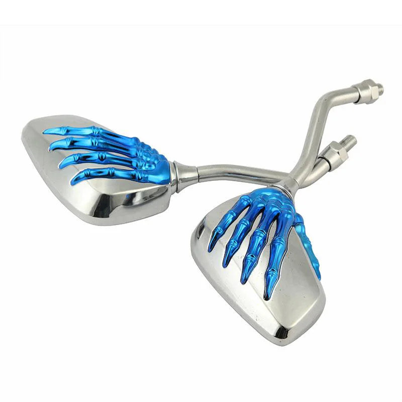 A pair of chrome motorcycle side mirrors featuring blue hand designs.