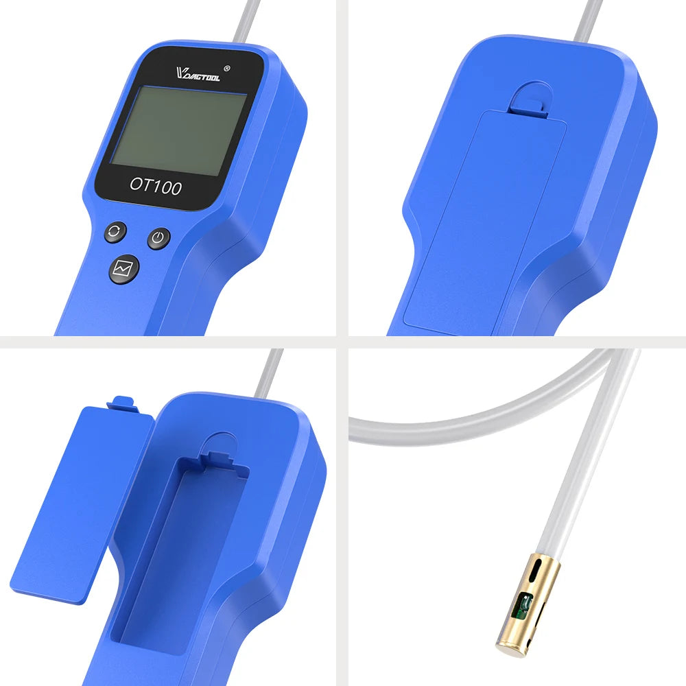 Appareil de test de liquide de frein et d'un moteur numérique bleu, vues variées incluant l'unité principale et une pointe de
