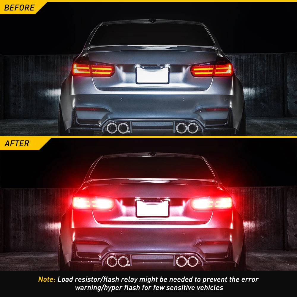 Before and after comparison of a car's taillight and brake light modifications.