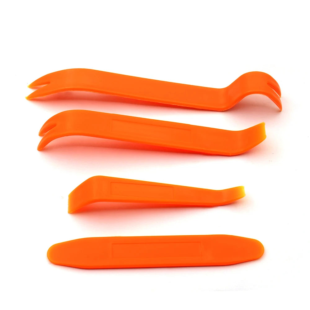 Orange car trim clip removal pliers shown in various shapes and sizes