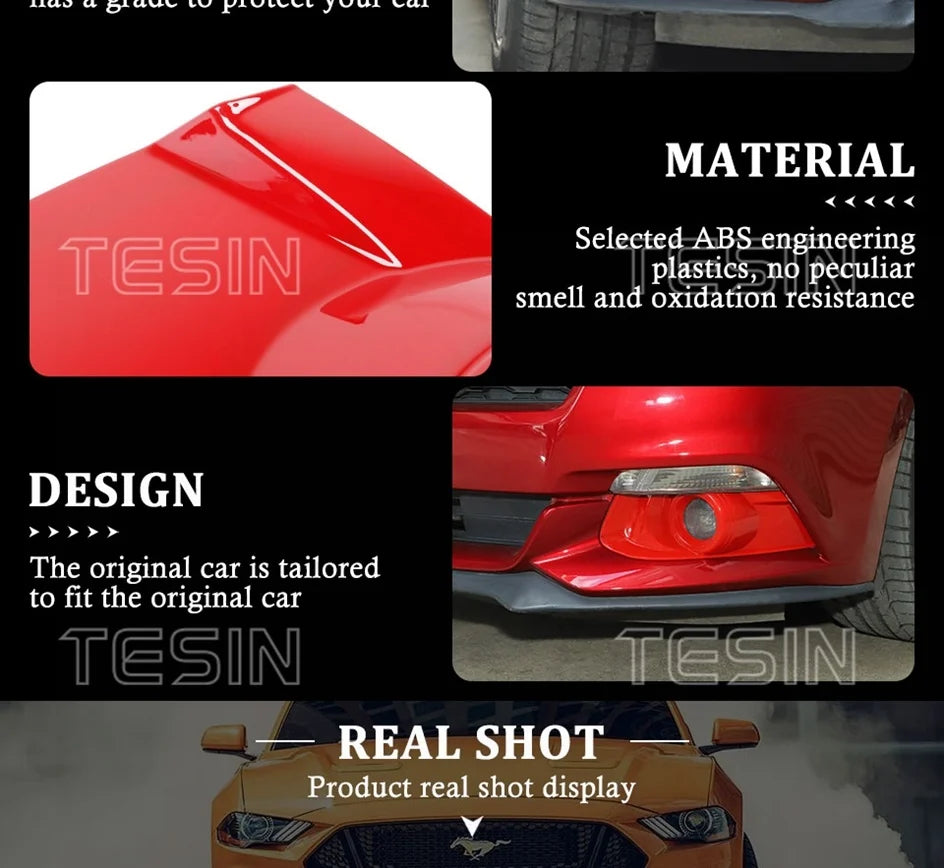 Primer plano de un parachoques delantero de fibra de carbono roja con luz antiniebla para un Ford Mustang.
