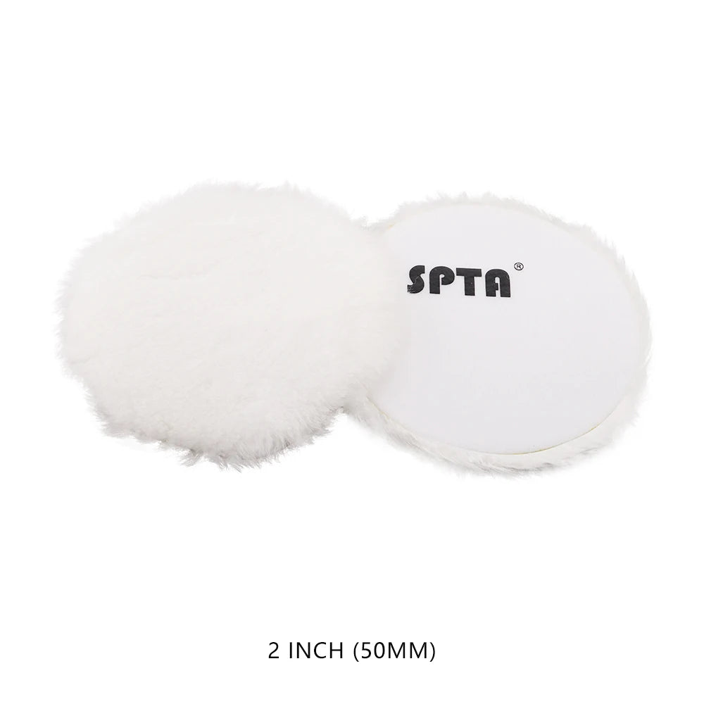 A white, fluffy wool polishing pad with the brand name SPTA visible on the packaging.