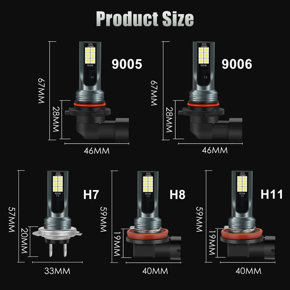 Verschiedene Größen von 12V LED-Nebelscheinwerfern, darunter Modelle 9005, 9006, H7, H8 und H11