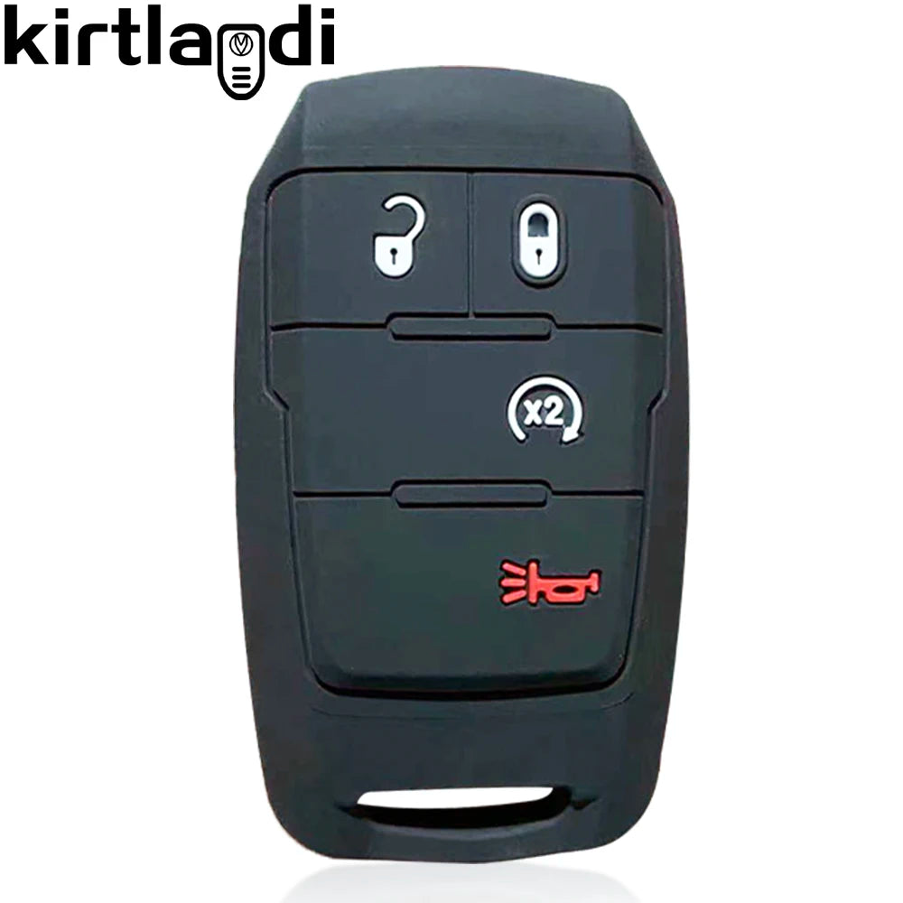 A black silicone key fob cover for a Dodge Ram 1500/2500/TRX vehicle.