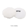 A white, fluffy wool polishing pad with a circular white backing and the SPTA logo printed on it.