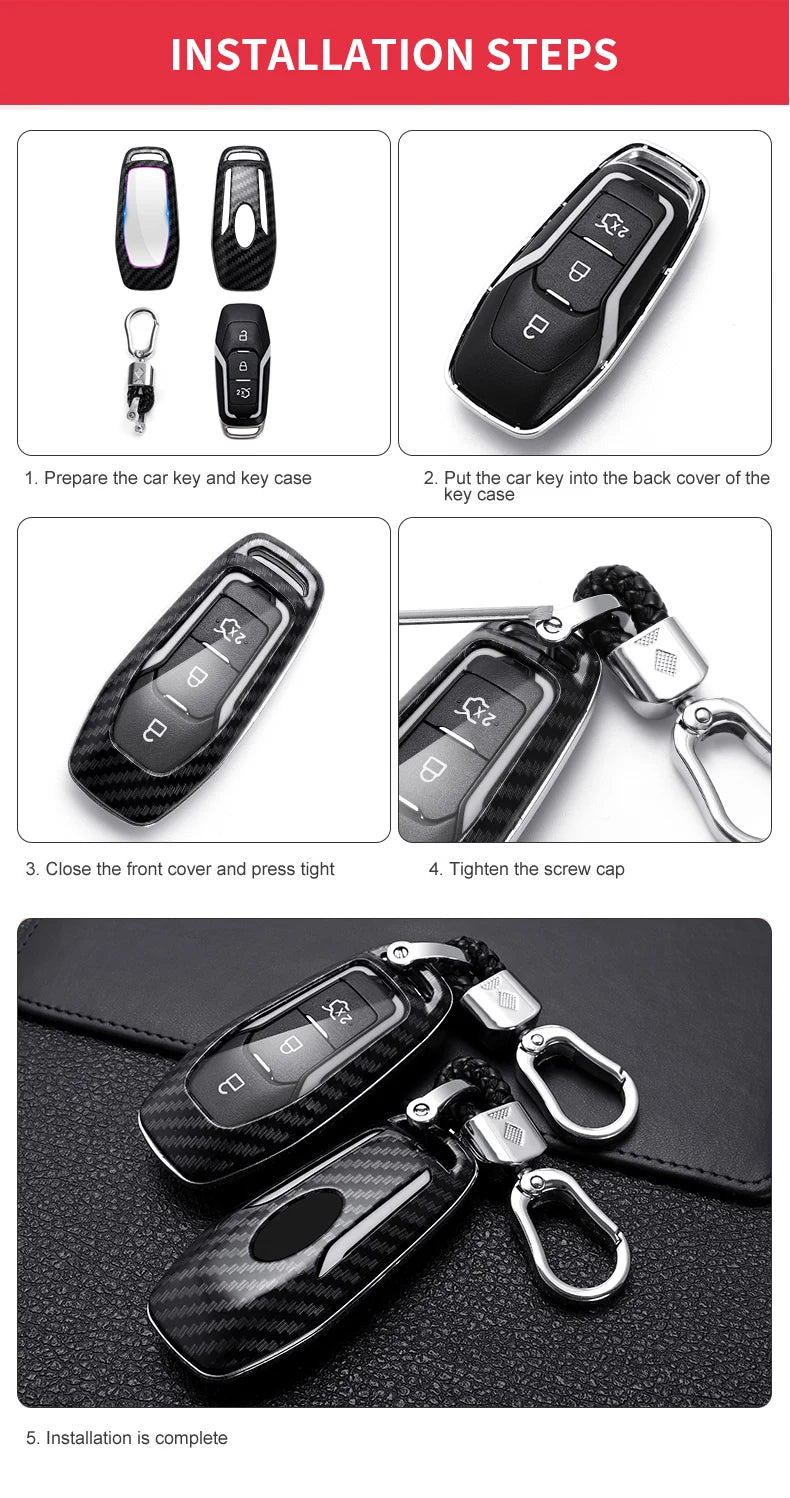 Installation steps showing how to attach a carbon fiber car key cover to a key.