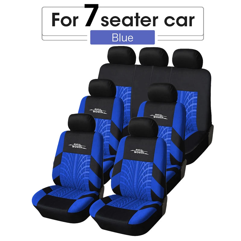 A set of blue and black seat covers for a 7-seater car.