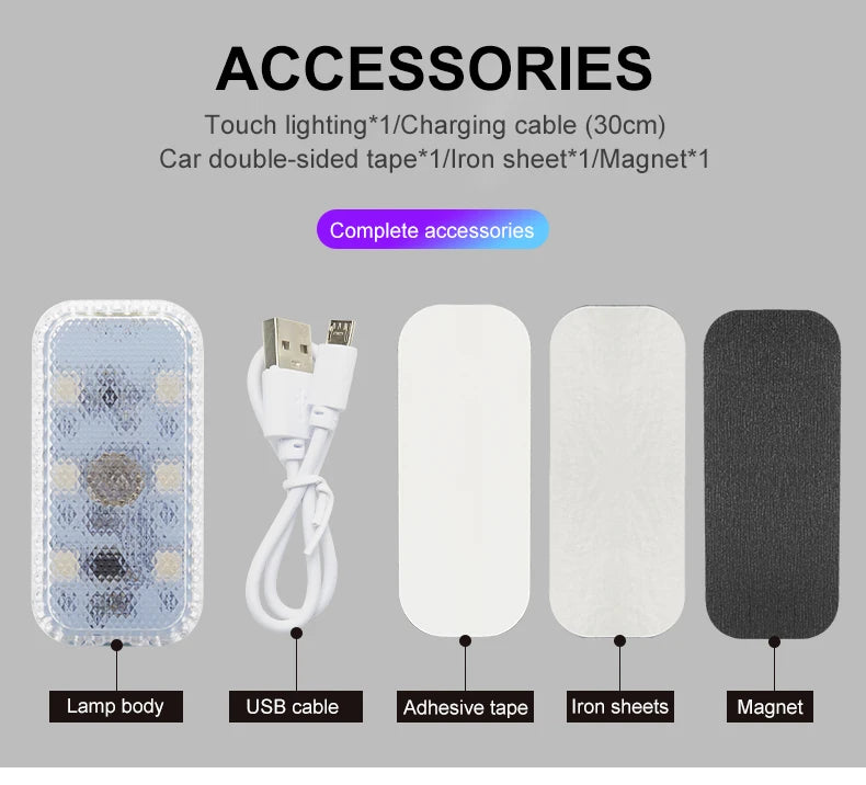 Accessories for mini wireless LED touch car interior lighting including a charging cable, adhesive tape, iron sheets, and mag