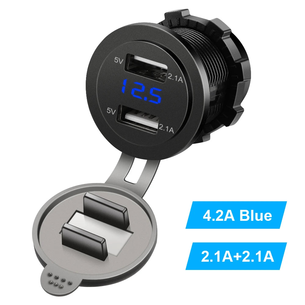 Schwarzer Dual-USB-Auto-Ladegerät-Adapter mit 5V 2.1A Ausgang und einer 4.2A-Blau-Option.