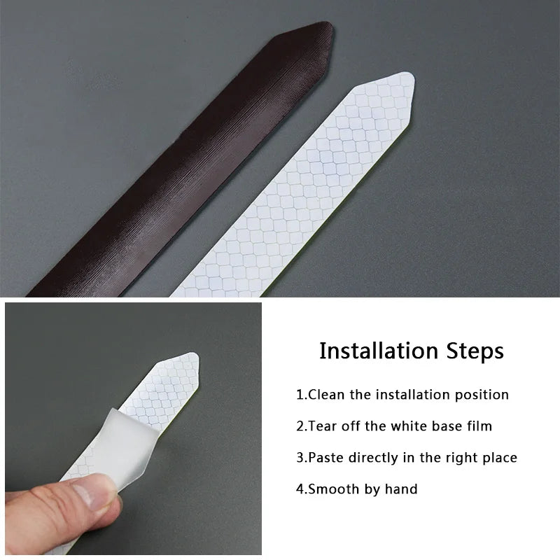 Gros plan d'un autocollant de sécurité réfléchissant marron foncé et d'un film adhésif blanc étant appliqué sur une surface.