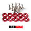 A set of red anodized aluminum fender and bumper hardware screws and bolts.